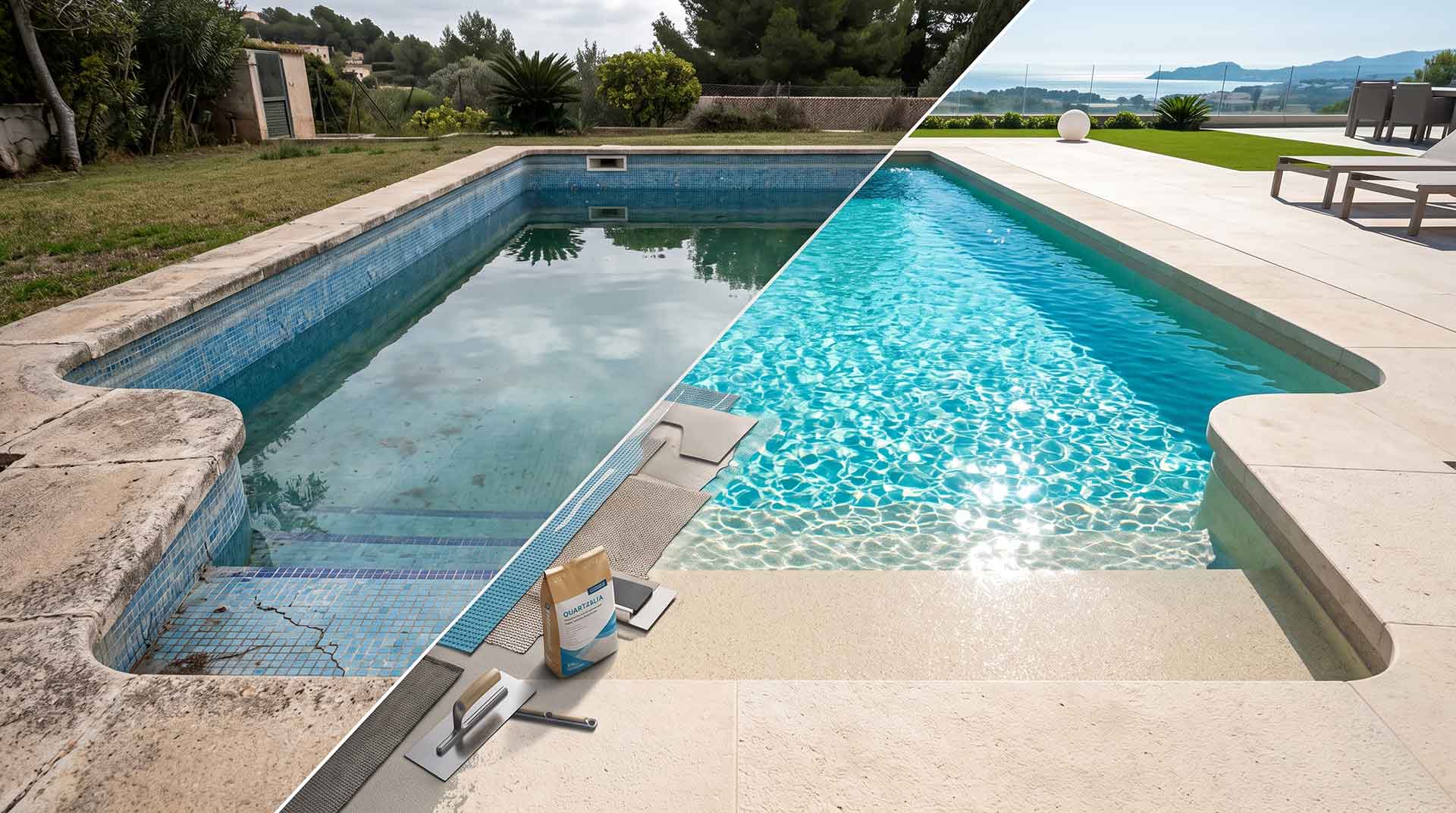 Piscina renovada con revestimiento continuo de acabado natural